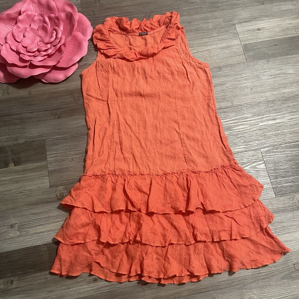 GRIZAS‎ Sz L Orange 100% Linen Sleeveless Tiered Ruffle Summer Tank Dress